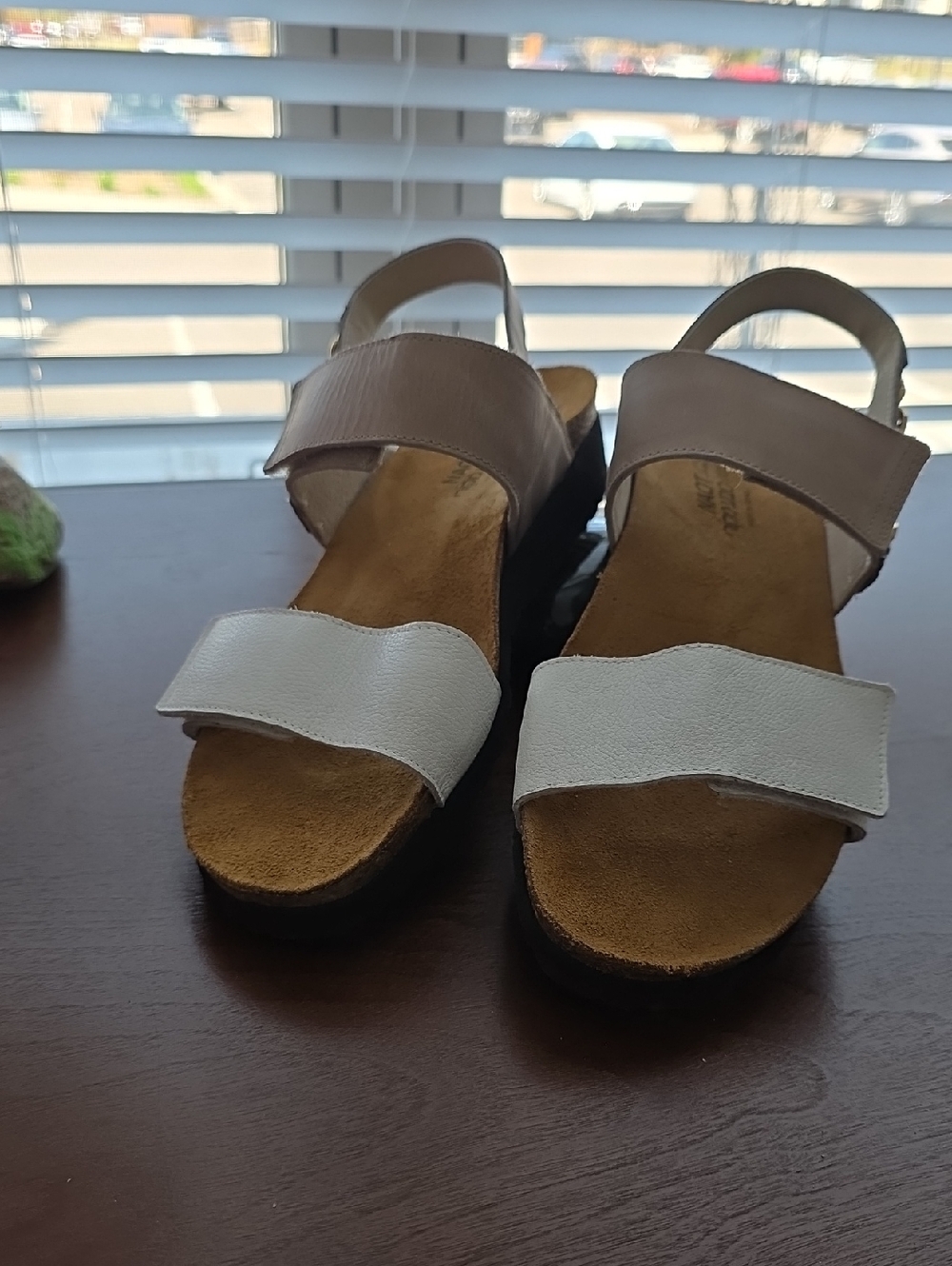 Naot Two-Strap Slingback Sandals in White and Taupe